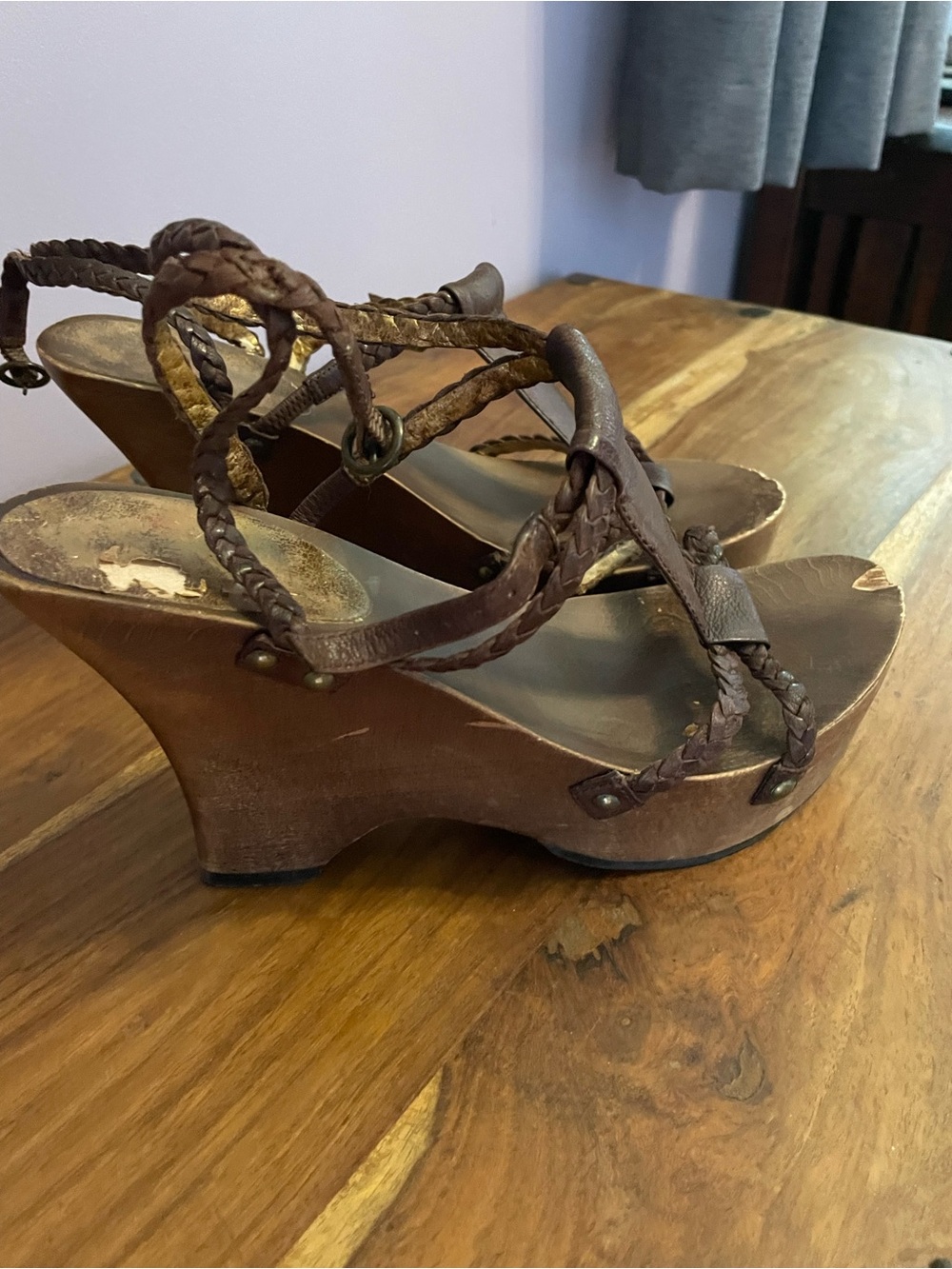 Women's Brown Braided Wedge Sandals - Classic Leather Straps